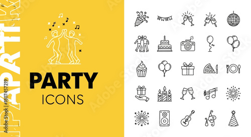 Vibrant Collection of Celebration and Party Line Icons for Festive Occasions and Social Gatherings