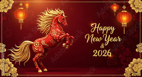 Majestic golden horse rears up for a prosperous chinese new year 2026 celebration