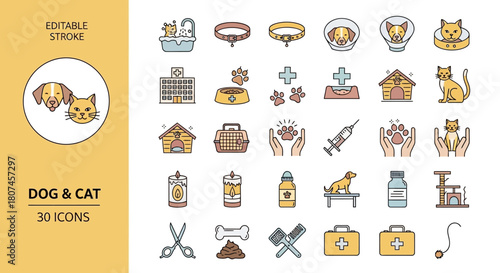 Sleek and vibrant outline icon set for pet care, featuring dogs, cats, veterinary services, grooming, and essential animal accessories