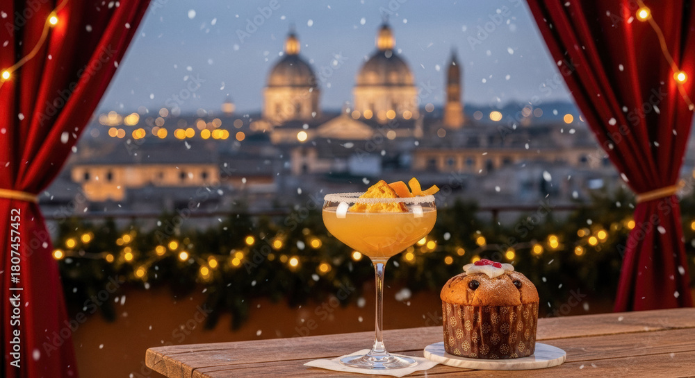 Obraz premium Festive Panettone and Cocktail with Snowfall over Rome's Domes, Celebrating Christmas Magic and Italian Delights.