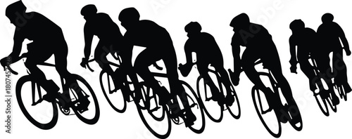 Cyclist silhouette group ride, racing motion, teamwork concept, bicycle sport, dynamic posture, black outline, speed, endurance, minimalist cycling artCyclist silhouette group ride, racing motion, 