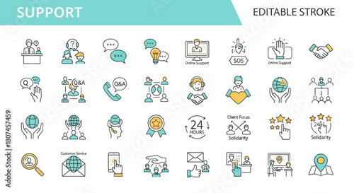 Diverse collection of clean and modern line icons representing support, customer service, and collaboration