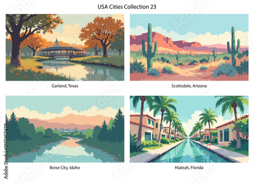 Garland, Texas, Scottsdale, Arizona, Boise City, Idaho, Hialeah, Florida Flat Vector Poster Collection