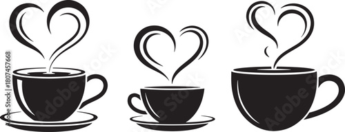 Three Coffee Cups with Heart Shaped Steam Black and White Art