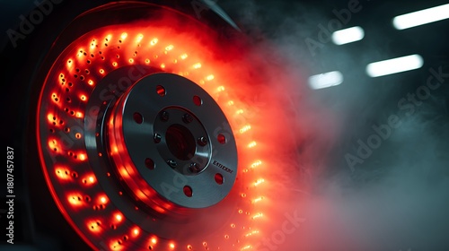 Glowing red hot car brake disc with smoke and steam in a dark garage