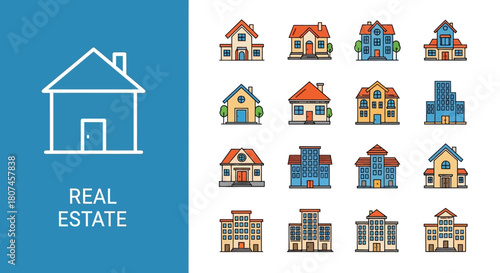 A diverse collection of real estate icons, including detailed pixel art houses and a simple outline-style building
