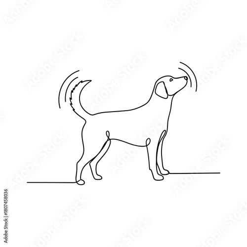 Continuous line drawing of a happy dog with a wagging tail