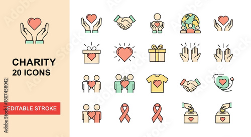 Charity icons with heart hands handshake and donation symbols for support and care concepts