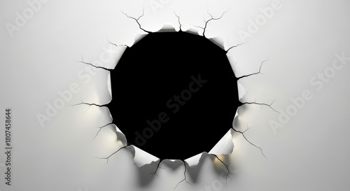 A hole ripped in a white paper with black background isolated on white background