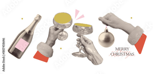 Set of Hands with trendy halftone effect holding a glass of champagne, xmas tree bauble. New Year and Christmas holiday party elements. Vector collage paper stickers, greeting card, invitation, banner