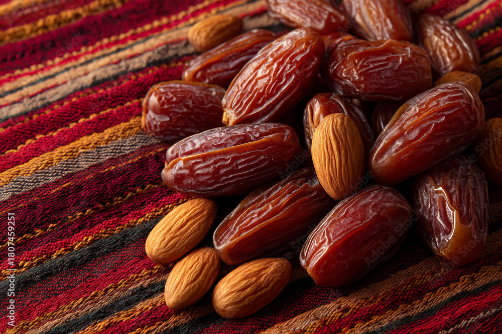 Fototapeta premium A generic display of fresh dates and roasted almonds, neatly arranged on a traditional woven mat, symbolizing local produce.