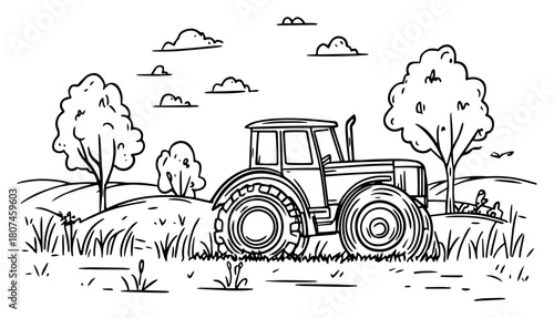Rural Farm Tractor Driving Through Meadow Field – Agriculture Vector Sketch