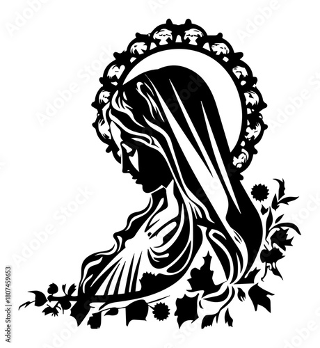 Holy Virgin Mary Profile Adorned with Roses – Sacred Religious Line Art Icon
