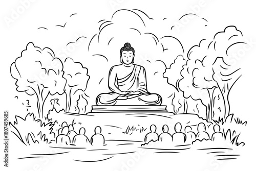 Forest Enlightenment Sermon – Buddha Teaching Gathered Followers Under Trees