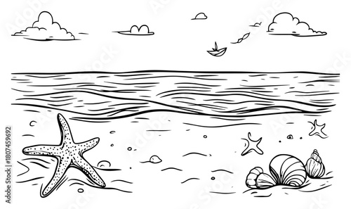 Starfish and Seashells on Sandy Beach at Low Tide – Hand‑Drawn Coastal Scene