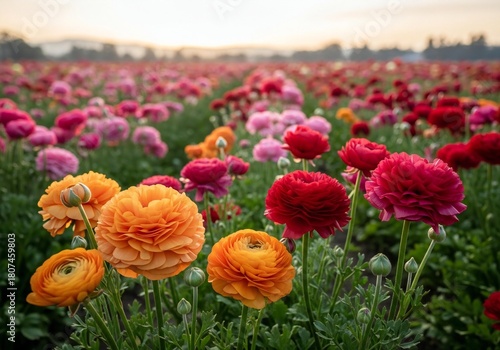 Vibrant field of ranunculus flowers in full bloom at sunrise nature's beauty