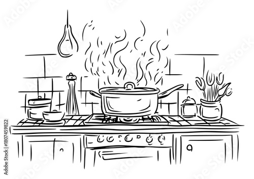 Homey Cooking Stove with Steaming Pot and Utensils – Hand‑Drawn Kitchen Illustration