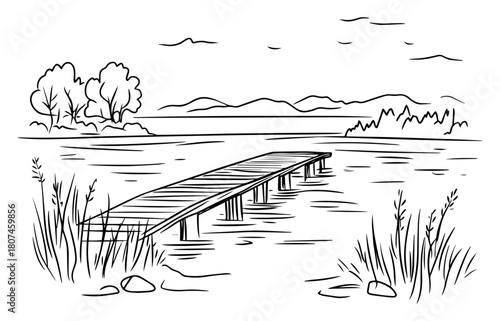 Narrow Wooden Footbridge Extending Over Lake – Tranquil Waterscape Line Art