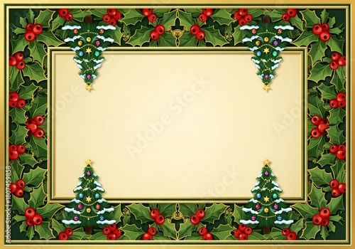 Festive christmas border design with holly pine trees and berries for greeting cards