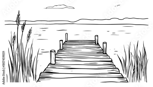 Old Wooden Dock Stretching Into Wide Lake – Rustic Waterfront Illustration