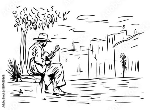 Lone Musician Strumming Guitar by Riverside Cliff – Artistic Travel Scene