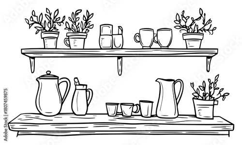 Rustic Wooden Shelves with Ceramic Dishes and Potted Herbs – Cozy Kitchen Still Life