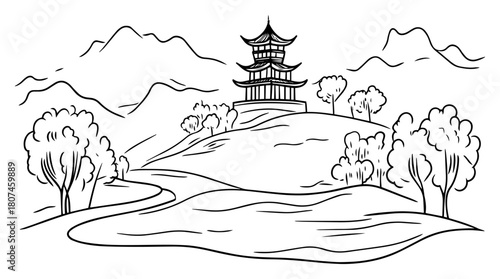 Scenic Oriental Pagoda on Rolling Hills with Meandering River – Serene Landscape Vector
