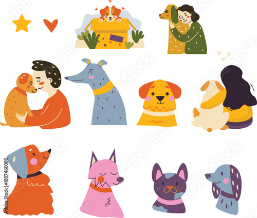 Vector illustration of happy adopted dogs with their owners — hugging,  sitting side-by-side

