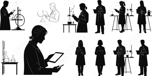 Silhouettes of scientists, laboratory work, modern research, scientific equipment, digital tablets, experiment observation, science technology, teamwork, innovation, chemistry lab