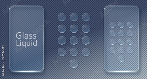 Set Vector Transparent Glass Buttons. UI UX Glass Screen of Mobile Device. Smartphone Interface Design. Collection Design Elements for Application Phone, Game Menu and Website. Transparent Background