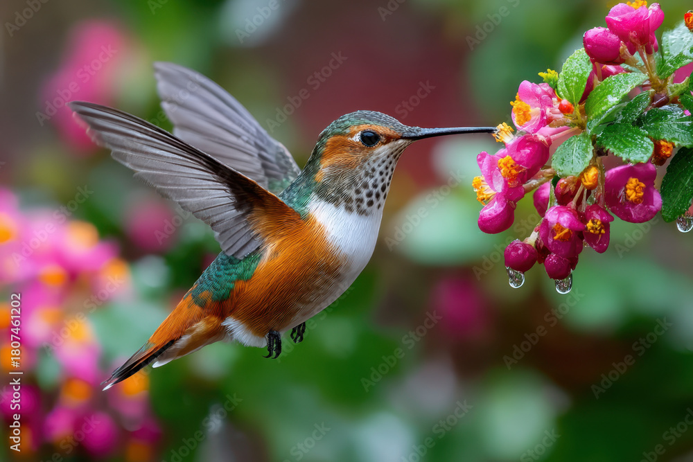 Obraz premium Colorful hummingbird feeding on vibrant flowers during a sunny afternoon