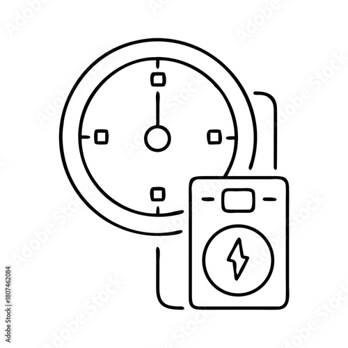 Stylized line drawing of a battery charger next to a gauge meter