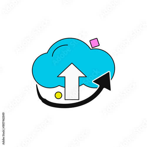 This is a modern, vibrant vector illustration depicting a cloud connected to multiple data points, symbolizing global networking and shared digital storage solutions. The clean and minimal design make