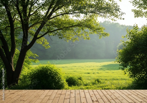 Serene summer meadow vista with lush trees and wooden decking