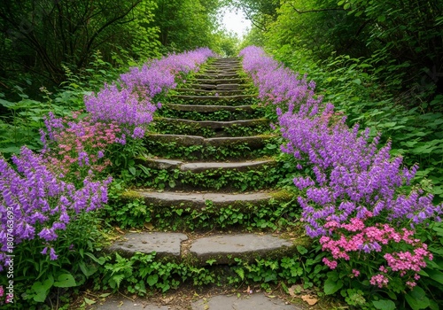 Enchanting garden staircase lined with vibrant purple pink flowers lush greenery