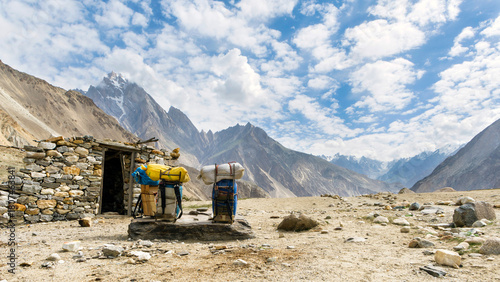 Porters' bags on the trekking trail from Jula to Payu, K2 Base Camp trek, Pakistan