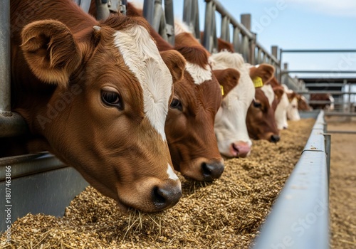 Close up of brown and white cows eating feed from a long trough on a farm