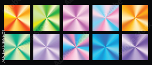 Orange, green, purple, blue, metal green and golden rose conical foil texture background set. Vector shiny and metallic gradient collection for border, frame, ribbon, label design