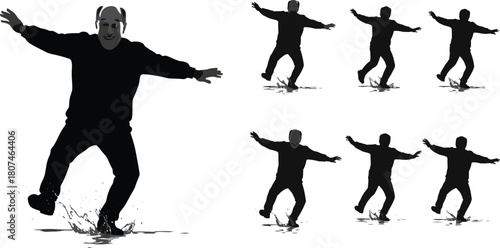 Silhouette man dancing in water, splash motion, expressive pose, movement sequence, rhythm illustration, dynamic figure, animation frames, artistic choreography, fluid motion