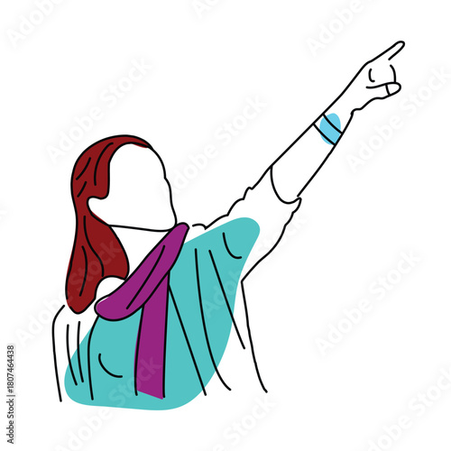 A woman uses her hand to point, highlighting an important detail or area. line with flat vector illustration
