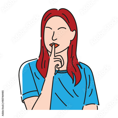 A woman with red hair holds her finger to her lips, signaling for silence or secrecy, line with flat vector illustration
