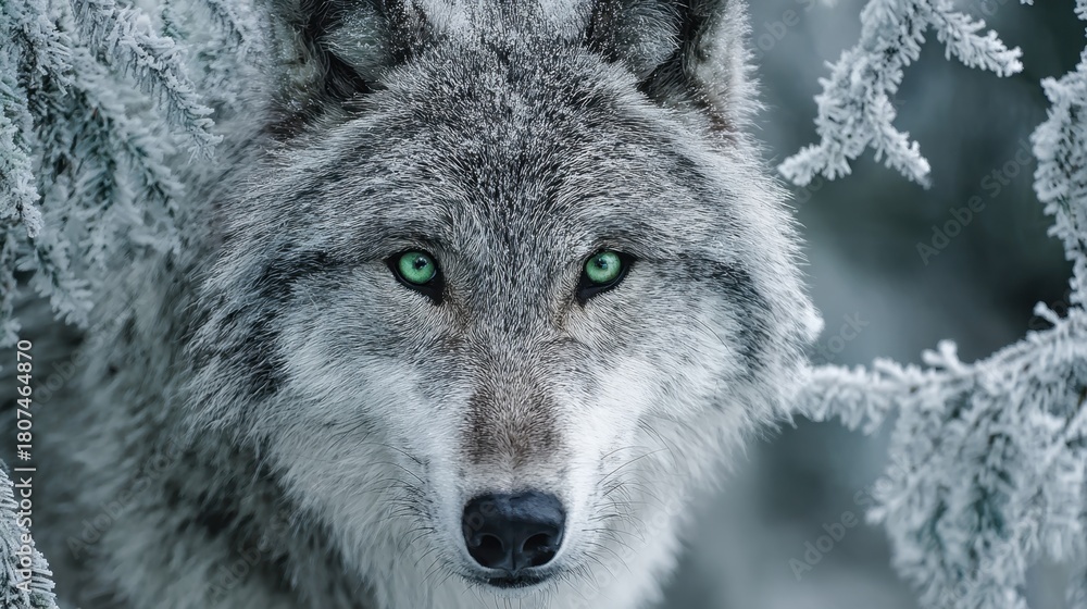 Obraz premium A powerful wolf with striking green eyes peers through snowy tree branches in a serene winter landscape.