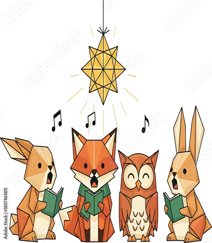 A charming illustration of woodland animals singing carols under a shining star, featuring a fox, owl, and rabbits in a festive, geometric papercraft style isolated on white background