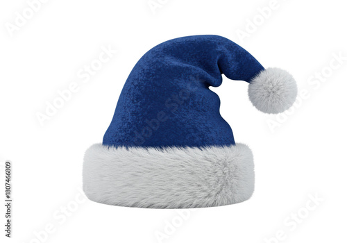 hyperrealistic 3d render of a luxury deep sapphire blue velvet santa hat with thick white faux fur trim and fluffy pom-pom, isolated on transparent background. Festive christmas luxury concept