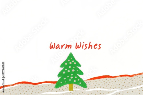 Warm Wishes Card Illustration with Simple Green Tree and Minimal Snowy Landscape in Clean White Layout