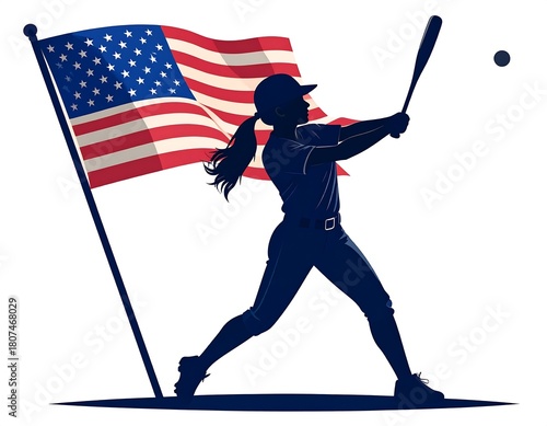 Silhouette of a female softball player swinging bat with American flag backdrop
