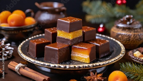 Collection of photos of Dominosteine cookies, layered Lebkuchen with apricot and cherry jelly, marzipan, dark chocolate coating, festive Christmas sweets, cozy holiday baking, gourmet European treats.