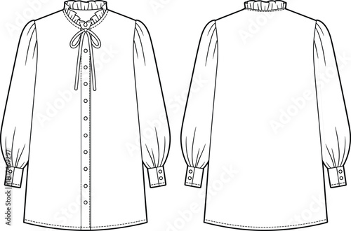 Women's blouse technical sketch, front back view, high ruffled neckline, bow tie detail, button-down shirt, puff sleeve, fashion illustration, garment template, vector line art