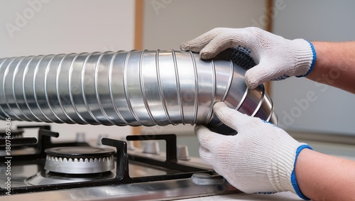 Close-up of gloved hands installing a flexible metal kitchen ventilation duct above a gas stove; visible interior details illustrate safe household duct installation and maintenance
