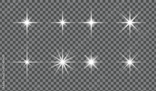 Collection of eight shining white starbursts on a checkered transparent background for graphic design use. Sparkling star, vector star light effect